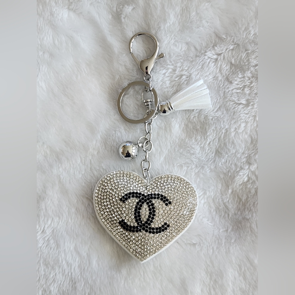 Chanel-Inspired Silver Crystal Heart Keychain with Black Logo Accent
